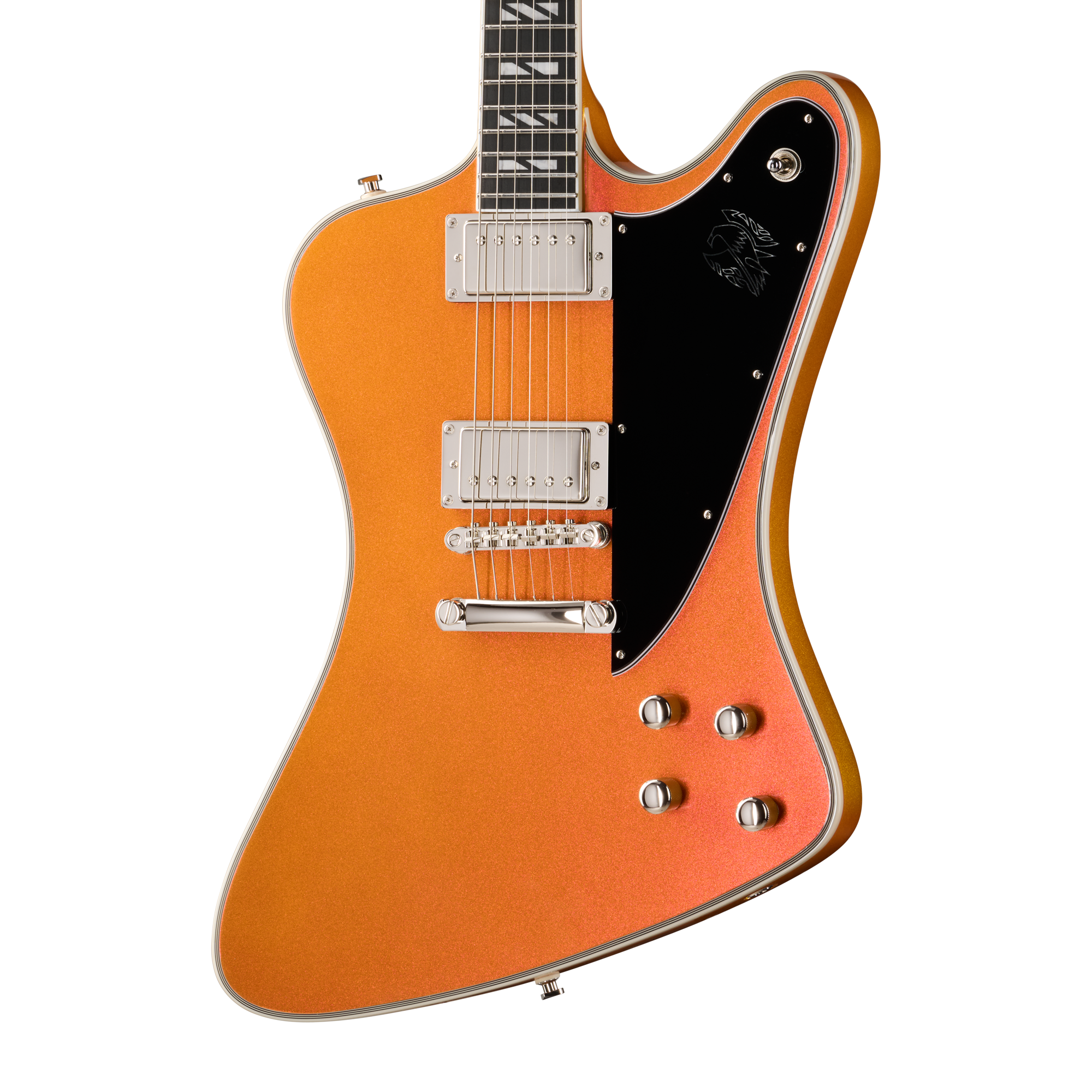 E-Gitarre, orange Metallic-Lackierung, Doppelspulen-Tonabnehmer, schwarzes Schlagbrett, Offset-Korpus